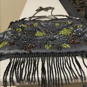 Embellished Gray Clutch with Beaded Fringe